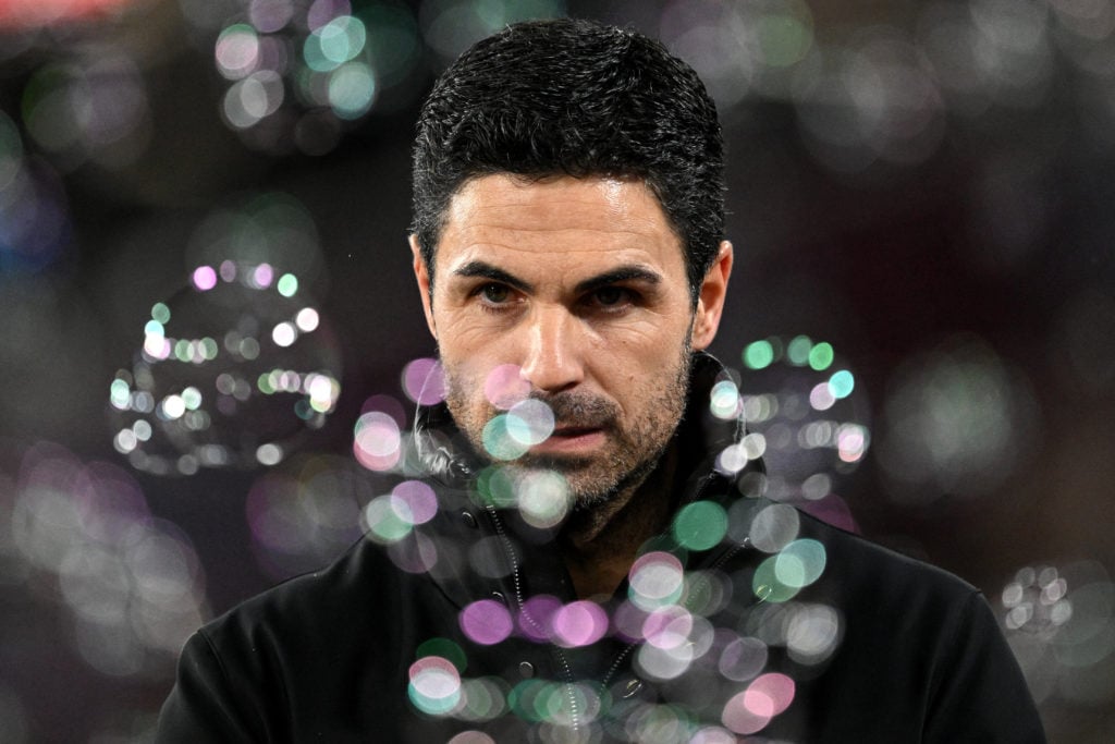 Mikel Arteta, Manager of Arsenal looks on ahead of the Premier League match between West Ham United FC and Arsenal FC at London Stadium on November...