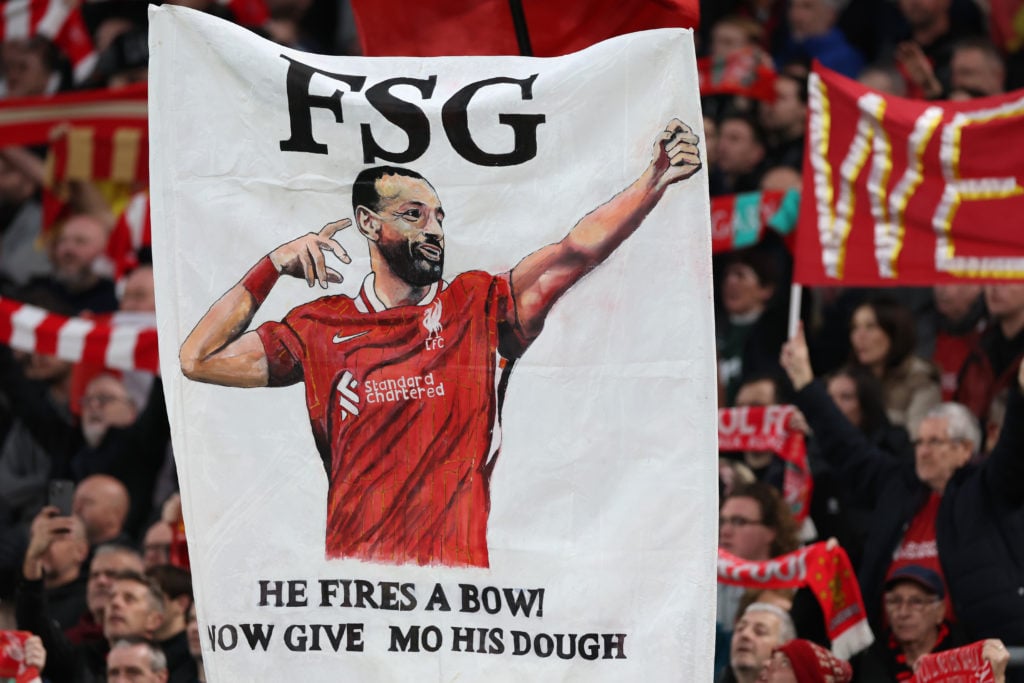 A banner in support of Mohamed Salah of Liverpool is seen being held prior to the Premier League match between Liverpool FC and Manchester City FC ...