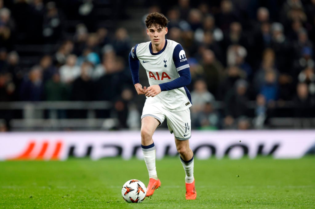 Archie Gray of Tottenham Hotspur on the ball during the UEFA Europa League 2024/25 League Phase MD5 match between Tottenham Hotspur and AS Roma at ...