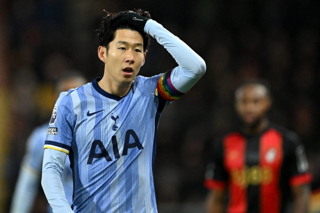 Tottenham Hotspur's South Korean striker #07 Son Heung-Min reacts during the English Premier League football match between Bournemouth and Tottenha...