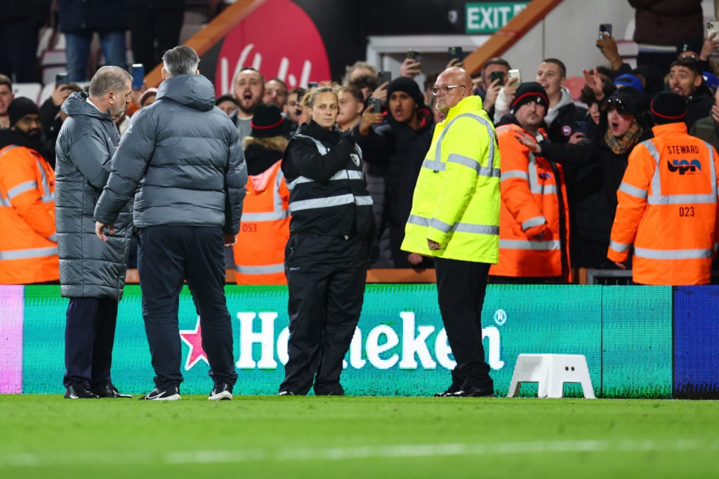 Tottenham Hotspur manager Ange Postecoglou argues with angry Tottenham fans during the Premier League match between AFC Bournemouth and Tottenham H...