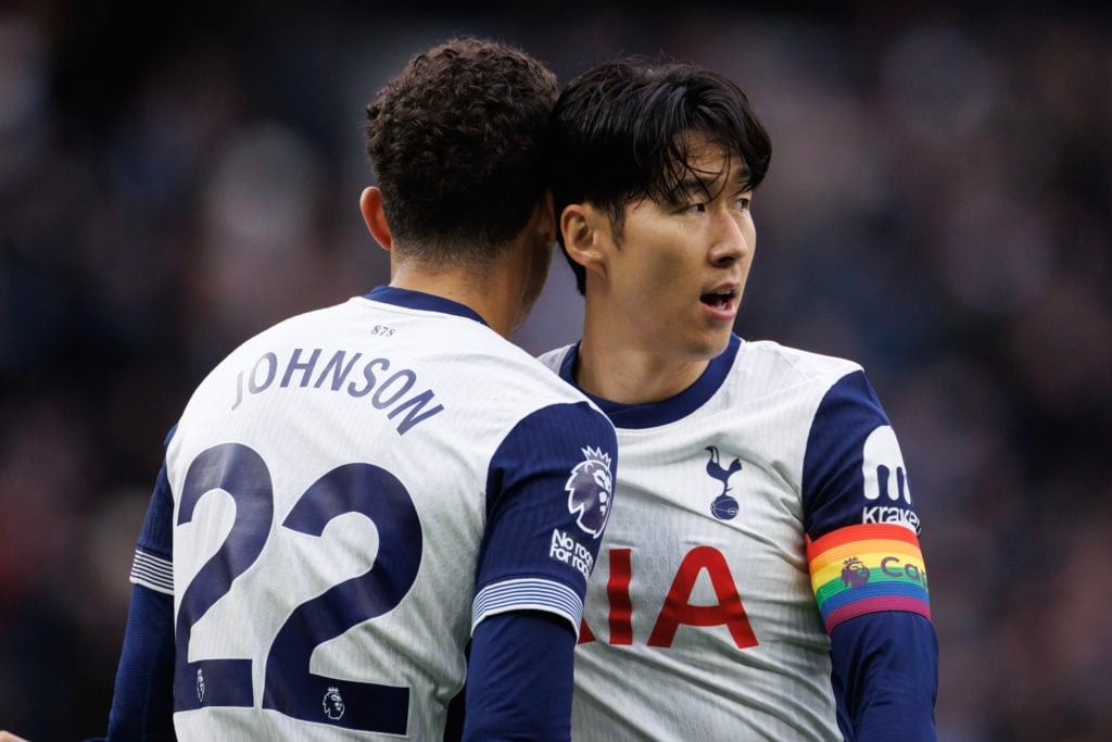 Son Heung-Min of Tottenham Hotspur with Brennan Johnson during the Premier League match between Tottenham Hotspur FC and Fulham FC at Tottenham Hot...