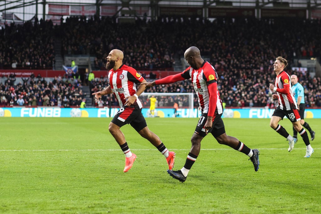 Bryan Mbeumo of Brentford celebrates scoring the opening goal during the Premier League match between Brentford FC and Newcastle United FC at Brent...