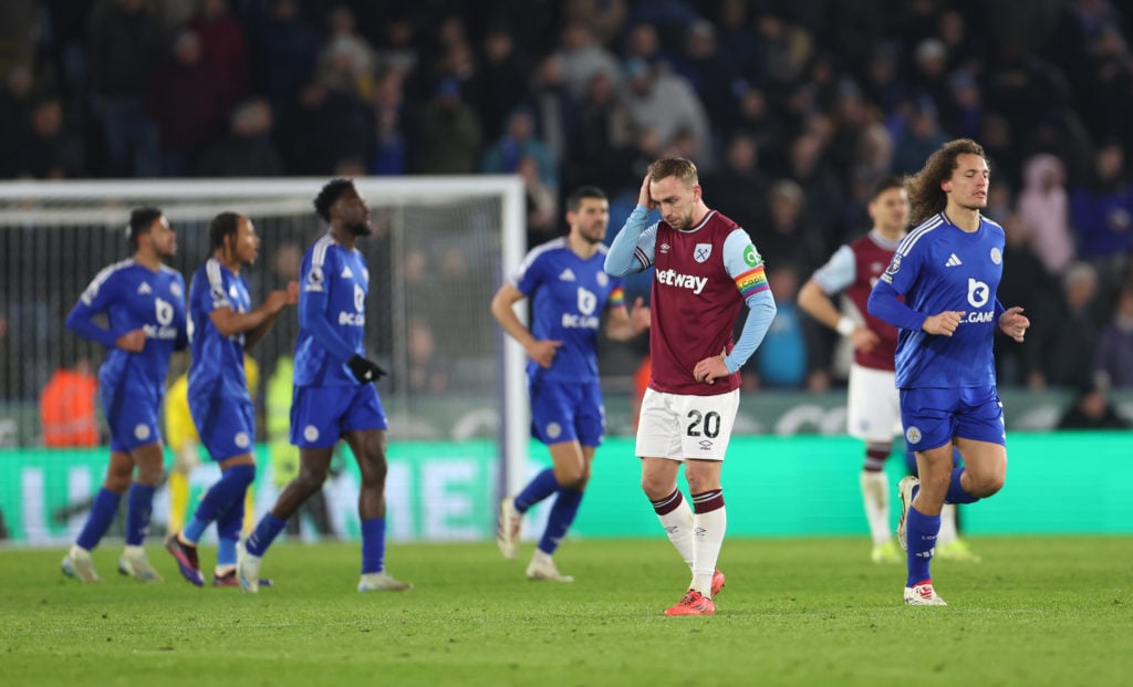 Jarrod Bowen of West Ham United shows dejection after Patson Daka of Leicester City scores his team's third goal  during the Premier League match b...