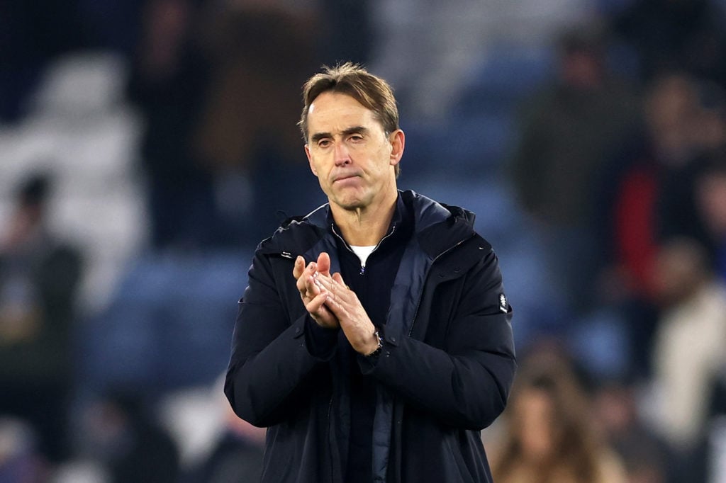 Julen Lopetegui, Manager of West Ham United, acknowledges the fans after the Premier League match between Leicester City FC and West Ham United FC ...