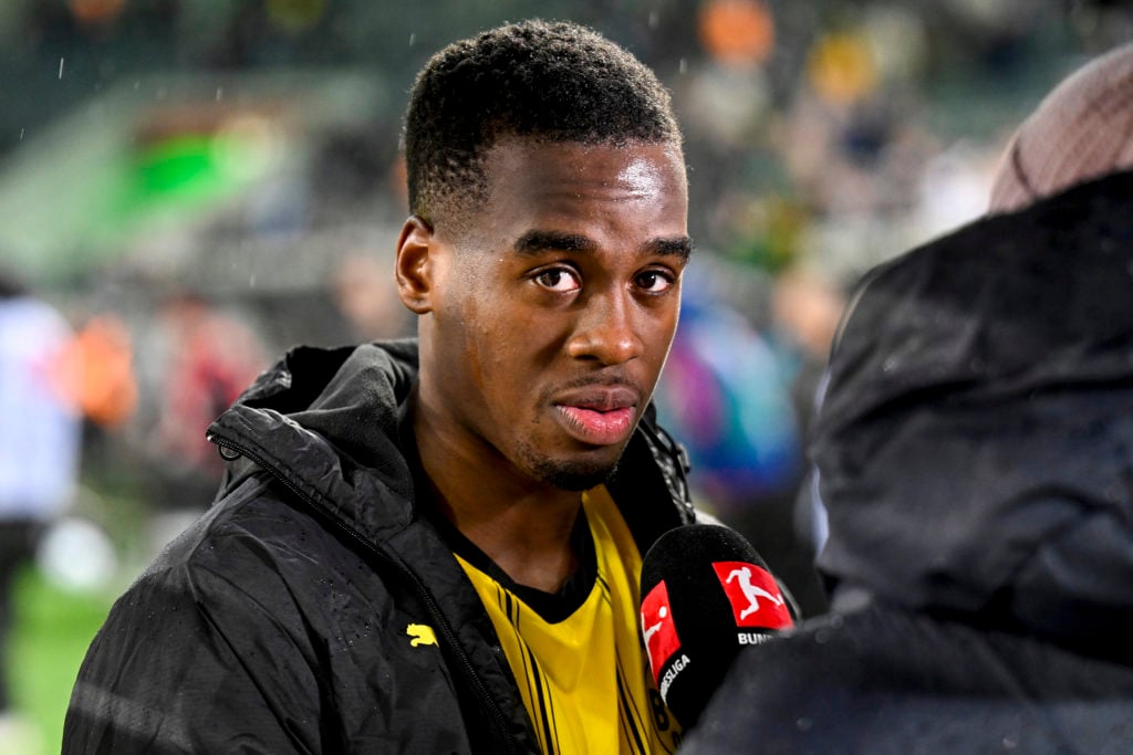 Jamie Gittens of Borussia Dortmund speaks to the media following the Bundesliga soccer match between Borussia M'gladbach and Borussia Dortmund at B...