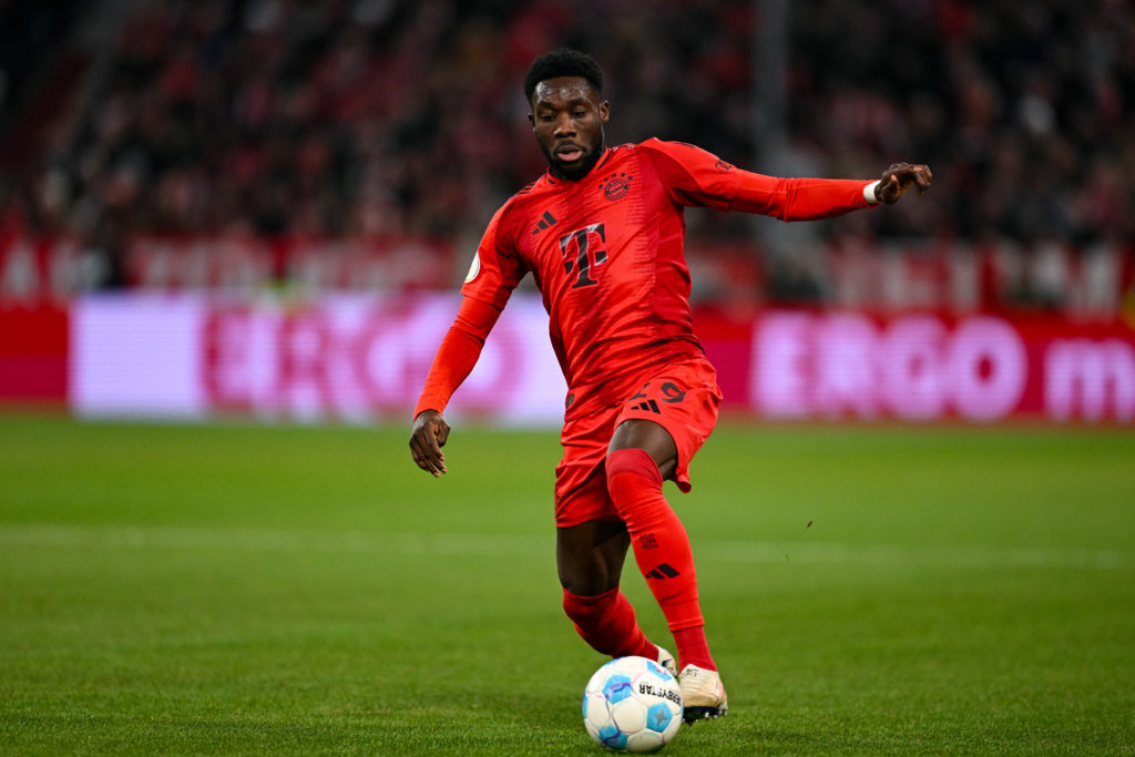 Alphonso Davies of FC Bayern München in action during the DFB Cup round of 16 match between FC Bayern München and Bayer 04 Leverkusen at Allianz Ar...