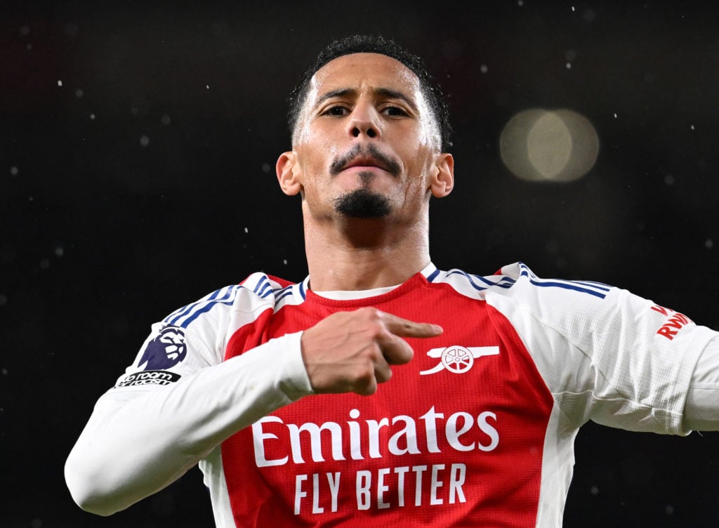 William Saliba celebrates scoring the 2nd Arsenal goal during the Premier League match between Arsenal FC and Manchester United FC at Emirates Stad...