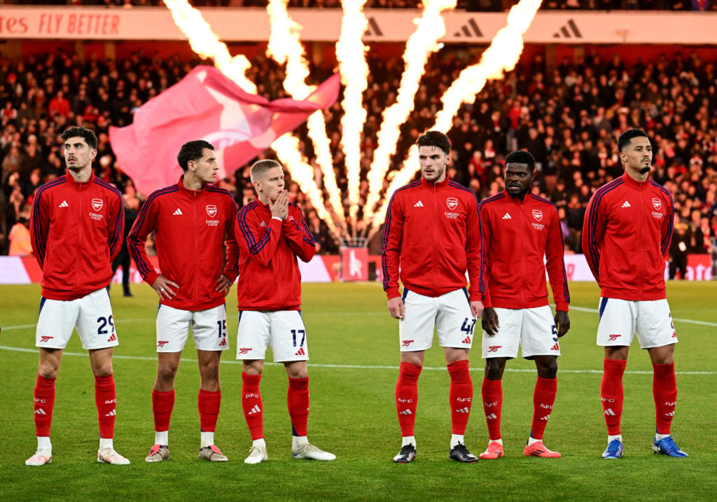 (L-R) Kai Havertz, Jakub Kiwior, Oleksandr Zinchenko, Declan Rice, Thomas Partey and William Saliba of Arsenal line up before the Premier League ma...