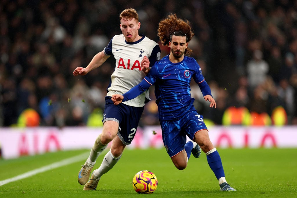 Marc Cucurella of Chelsea competes for the ball with Dejan Kulusevski of Tottenham Hotspur
 during the Premier League match between Tottenham Hotsp...