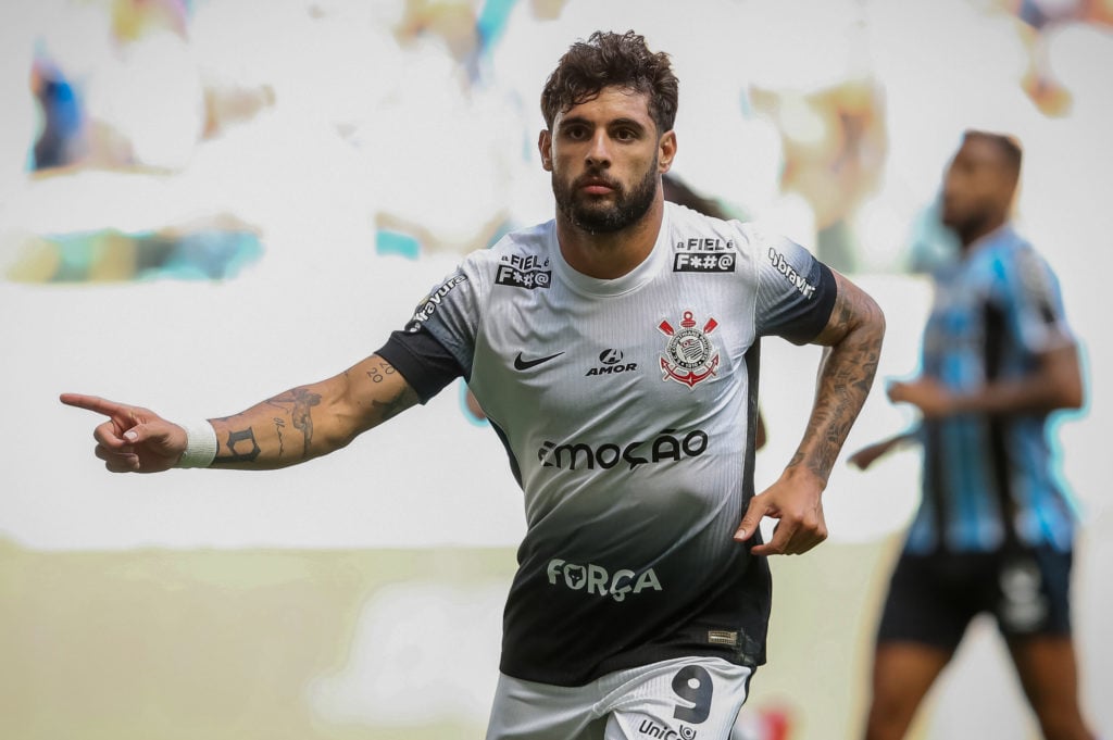 Yuri Alberto of Corinthians celebrates after scoring the first goal of his team during the match between Gremio and Corinthians as part of Brasilei...