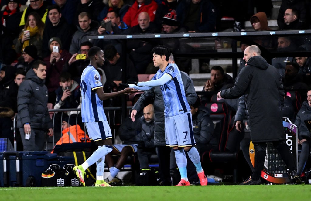 Pape Matar Sarr of Tottenham Hotspur is substituted for teammate Son Heung-Min during the Premier League match between AFC Bournemouth and Tottenha...