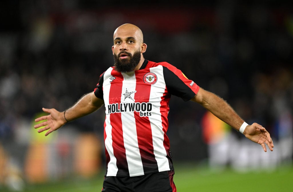 Bryan Mbeumo of Brentford celebrates after Kevin Schade of Brentford (not pictured) scores his team's fourth goal during the Premier League match b...