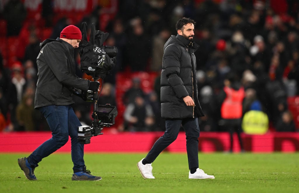 Ruben Amorim, Head Coach of Manchester United, looks dejected after defeat to Nottingham Forest as a TV Steady camera follows him on the pitch afte...