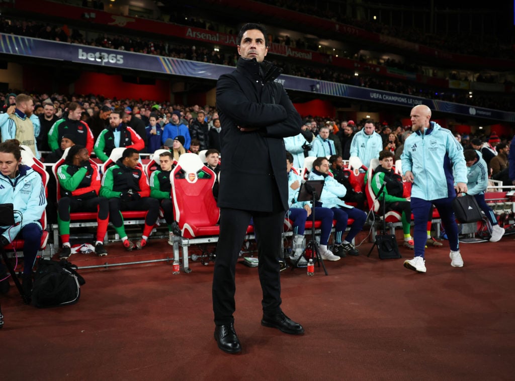 Mikel Arteta manager / head coach  of Arsenal looks on during the UEFA Champions League 2024/25 League Phase MD6 match between Arsenal FC and AS Mo...