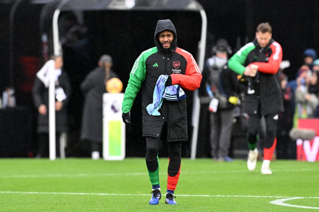 Raheem Sterling of Arsenal looks on prior to the Premier League match between Fulham FC and Arsenal FC at Craven Cottage on December 08, 2024 in Lo...