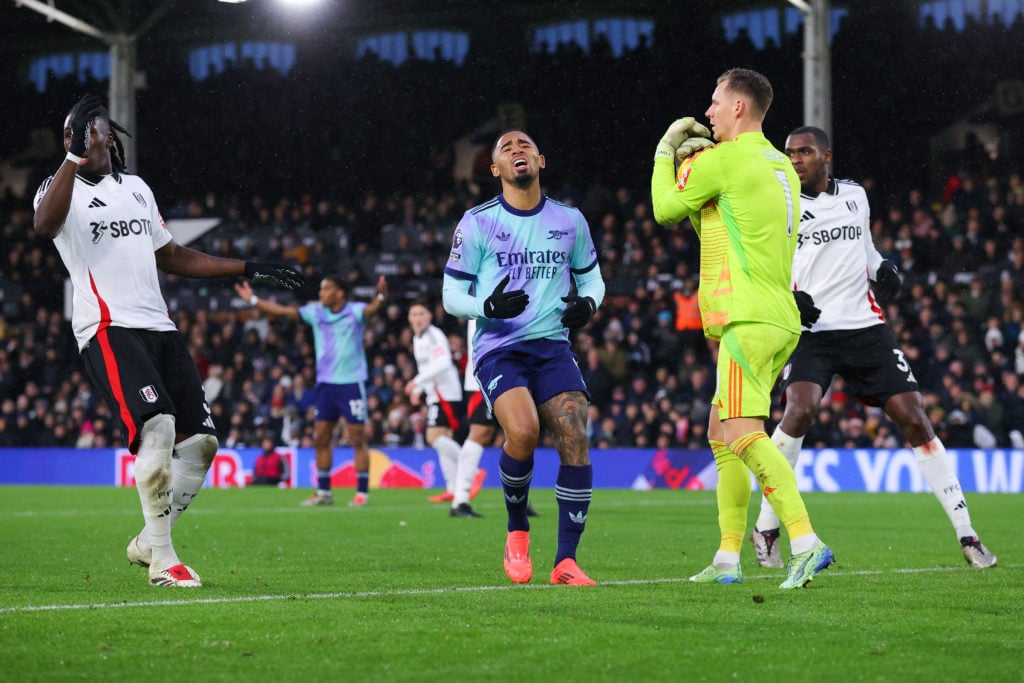 Gabriel Jesus of Arsenal reacts after a missed chance during the Premier League match between Fulham FC and Arsenal FC at Craven Cottage on Decembe...