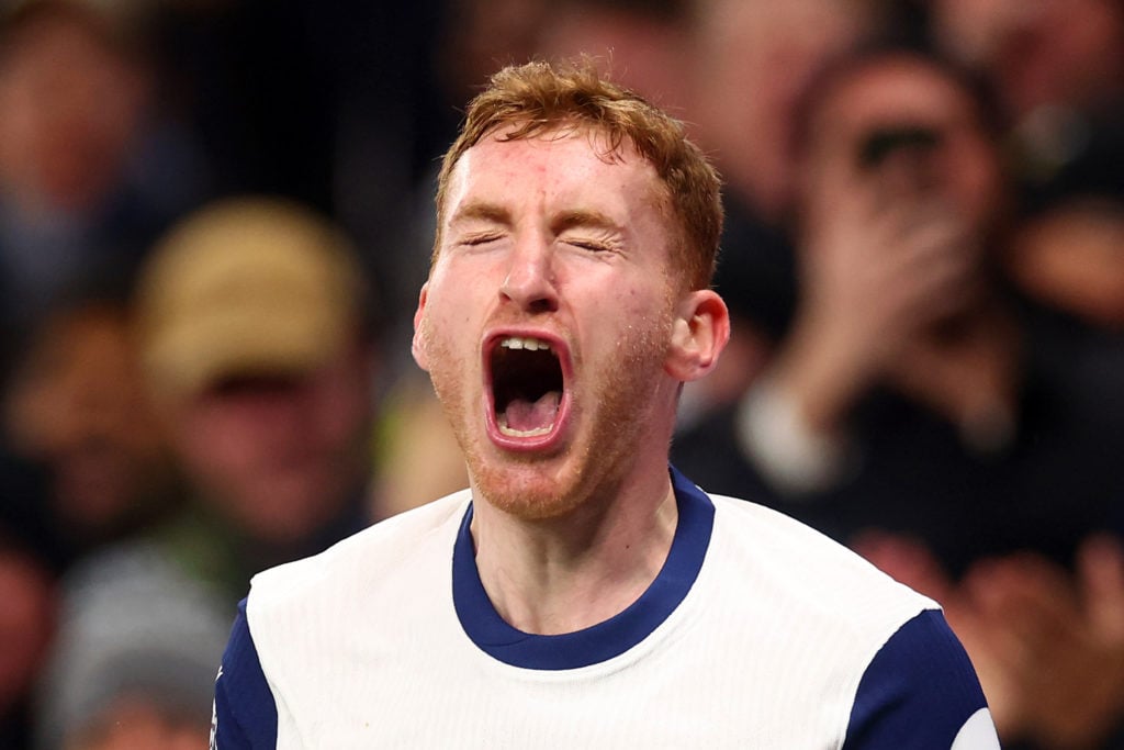 Dejan Kulusevski of Tottenham Hotspur celebrates scoring his side's second goal during the Premier League match between Tottenham Hotspur FC and Ch...