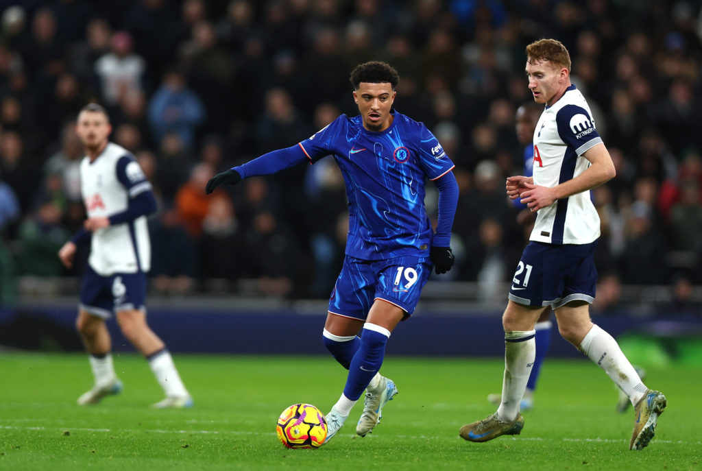 Jadon Sancho of Chelsea FC and Dejan Kulusevski of Tottenham Hotspur  i during the Premier League match between Tottenham Hotspur FC and Chelsea FC...