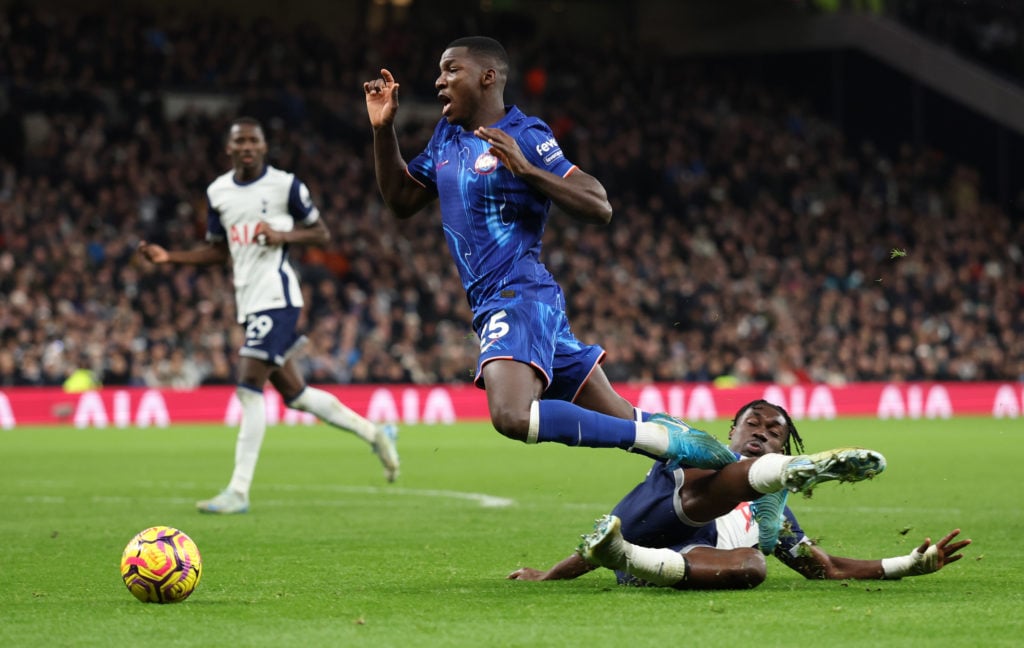 Moises Caicedo of Chelsea is fouled by Yves Bissouma of Tottenham Hotspur leading to a penalty which is scored by Cole Palmer of Chelsea to make it...