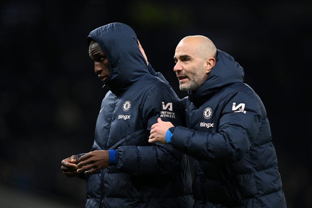 Enzo Maresca, Manager of Chelsea, interacts with Nicolas Jackson of Chelsea after the Premier League match between Tottenham Hotspur FC and Chelsea...