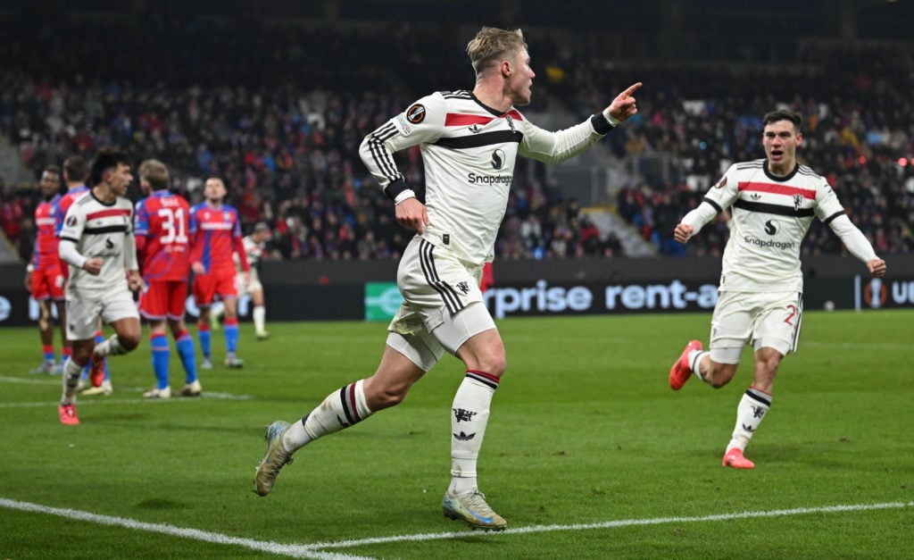 Rasmus Højlund of Manchester United celebrates scoring his sides second goal during the UEFA Europa League 2024/25 League Phase MD6 match between F...