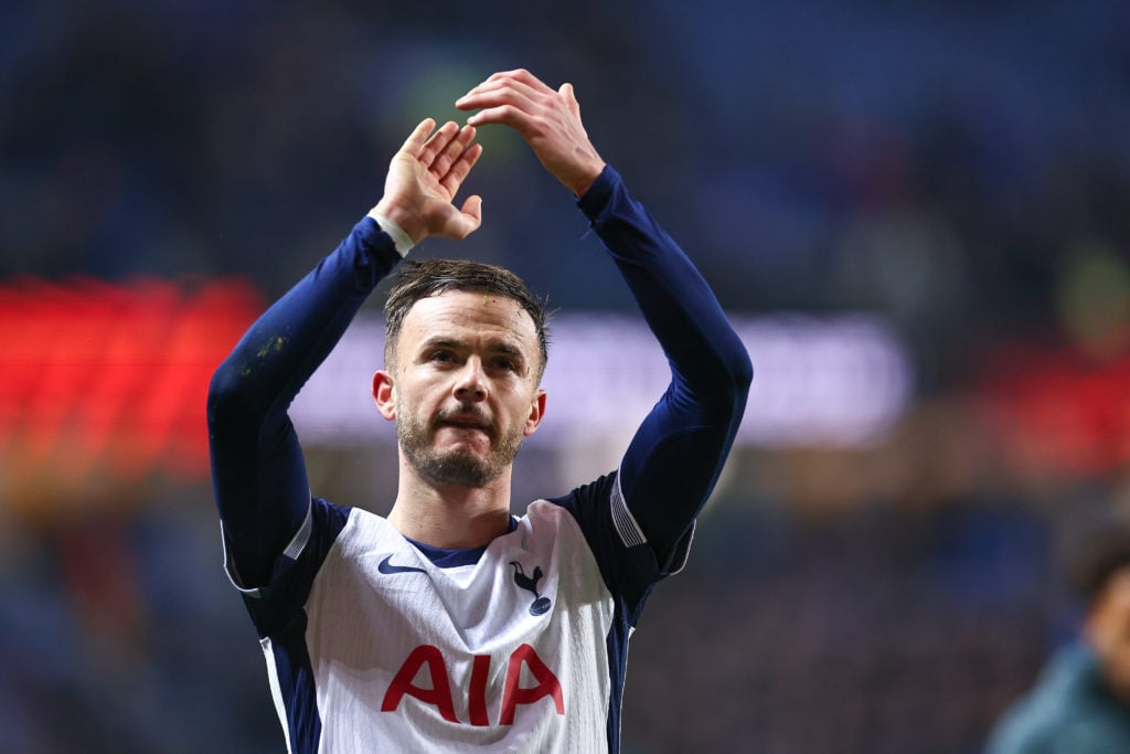 James Maddison of Tottenham Hotspur applauds the fans at full time during the UEFA Europa League 2024/25 League Phase MD6 match between Rangers FC ...