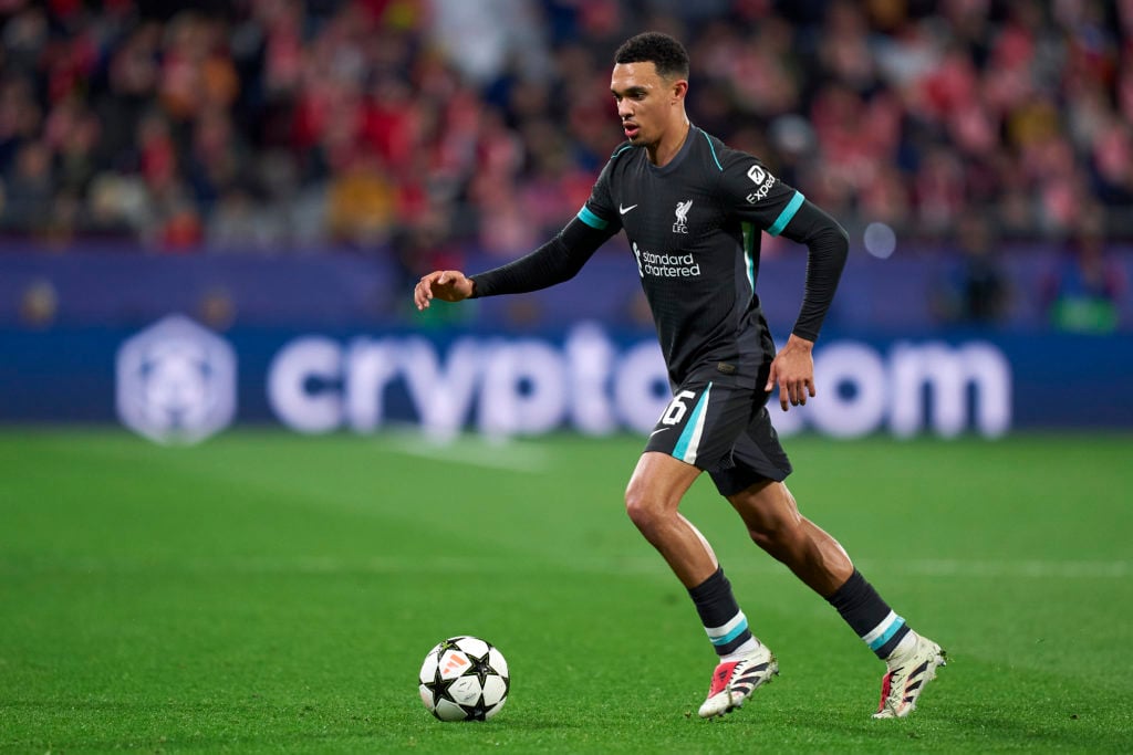 Trent Alexander-Arnold of Liverpool FC with the ball during the UEFA Champions League 2024/25 League Phase MD6 match between Girona FC and Liverpoo...