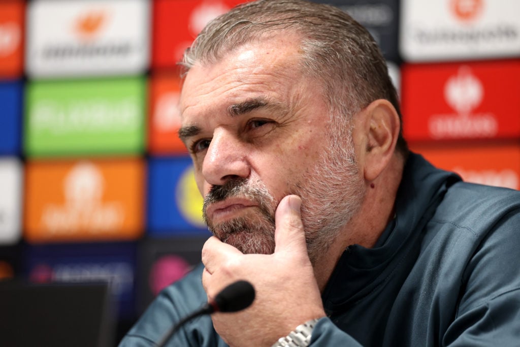 Ange Postecoglou, Manager of Tottenham Hotspur, speaks to the media during the UEFA Europa League 2024/25 League Phase MD6 training and press confe...