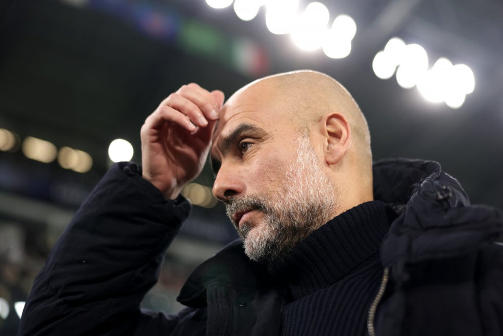 Josep Guardiola Manager of Manchester City reacts prior to kick off in the UEFA Champions League 2024/25 League Phase MD6 match between Juventus FC...