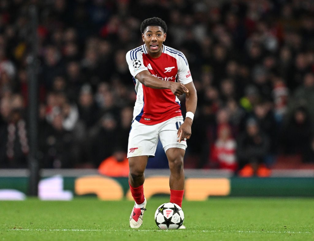 Myles Lewis-Skelly of Arsenal during the UEFA Champions League 2024/25 League Phase MD6 match between Arsenal FC and AS Monaco at Emirates Stadium ...