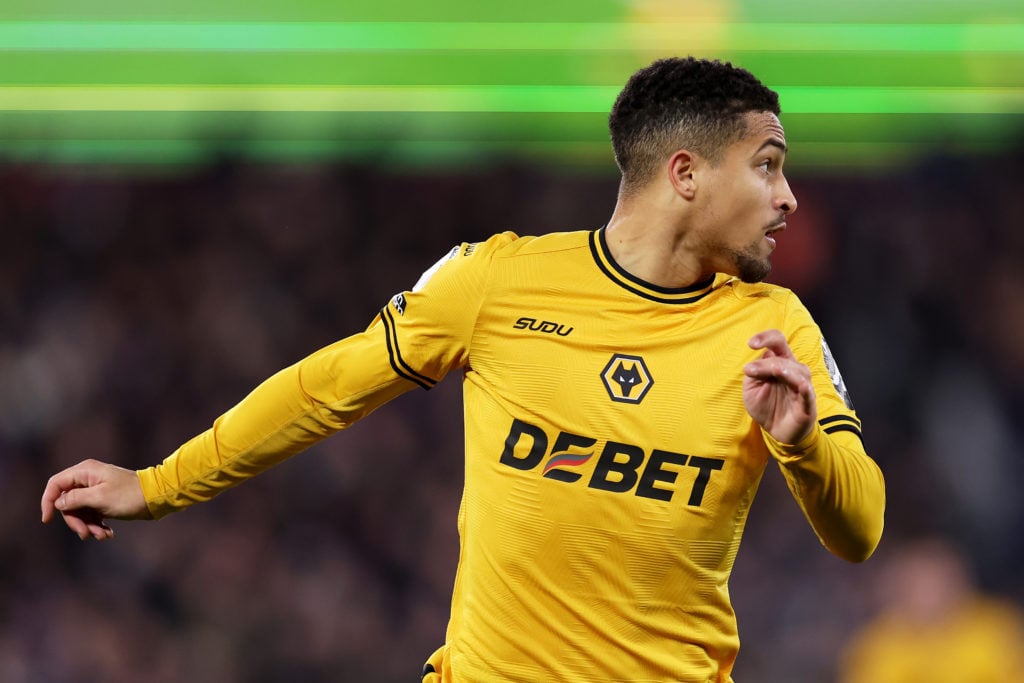 Joao Gomes of Wolverhampton Wanderers in action during the Premier League match between West Ham United FC and Wolverhampton Wanderers FC at London...