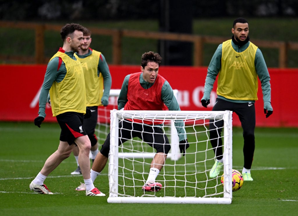 (THE SUN OUT, THE SUN ON SUNDAY OUT) Federico Chiesa and Diogo Jota of Liverpool during a training session at AXA Training Centre on December 12, 2...