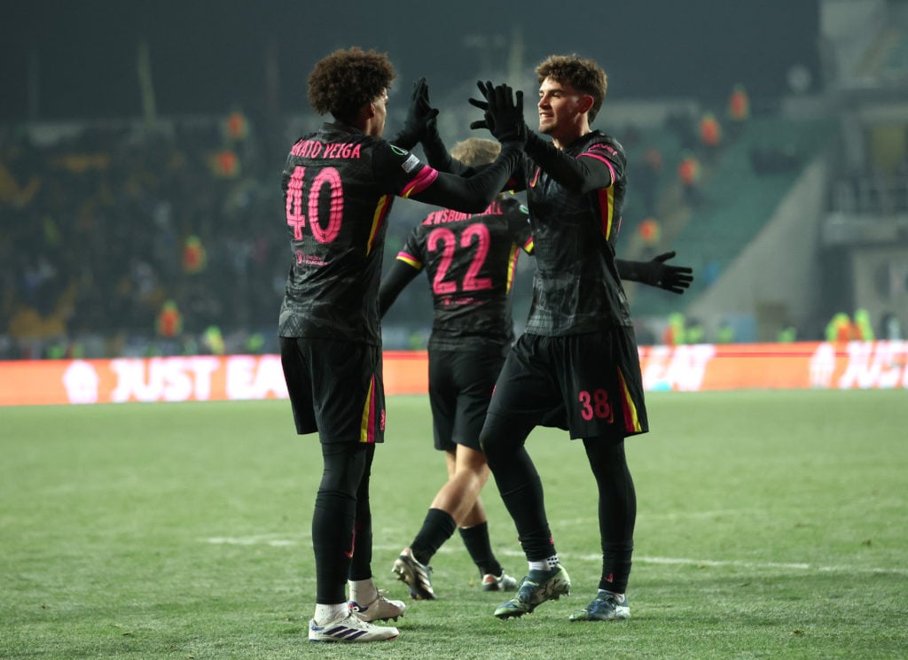 Renato Veiga of Chelsea celebrates scoring his team's third goal with teammate Marc Guiu during the UEFA Conference League 2024/25 League Phase MD5...