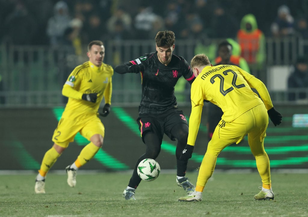 Marc Guiu of Chelsea controls the ball whilst under pressure from Alexandr Maroch of Astana during the UEFA Conference League 2024/25 League Phase ...