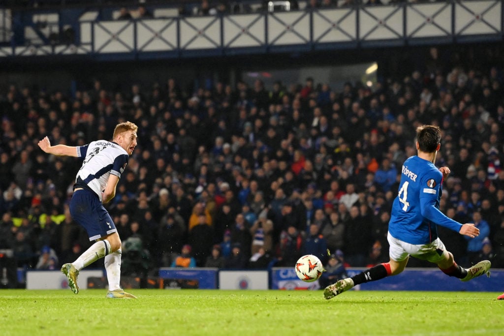 Dejan Kulusevski of Tottenham Hotspur scores his team's first goal during the UEFA Europa League 2024/25 League Phase MD6 match between Rangers FC ...