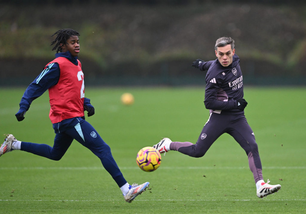 Arsenal academy defender Josh Nichols in first-team training alongside Leandro Trossard