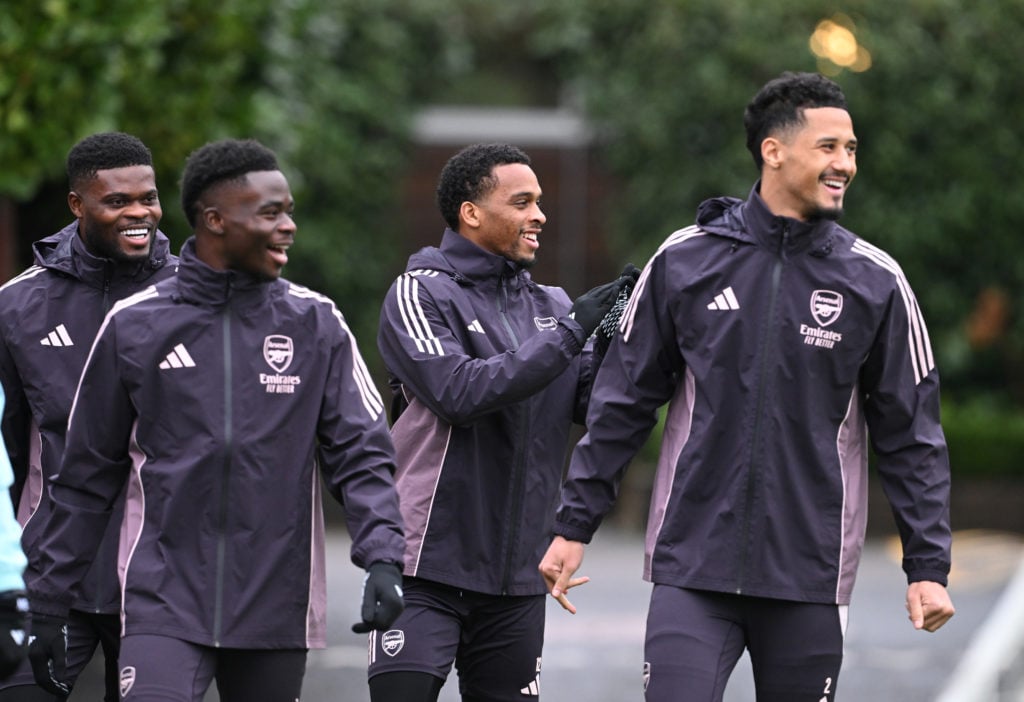 (L-R) Thomas Partey, Bukayo Saka, Jurrien Timber and William Saliba of Arsenal during a training session at Sobha Realty Training Centre on Decembe...