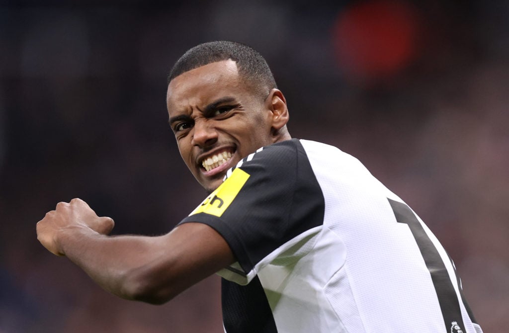 Alexander Isak of Newcastle United celebrates scoring his team's third goal   during the Premier League match between Newcastle United FC and Leice...