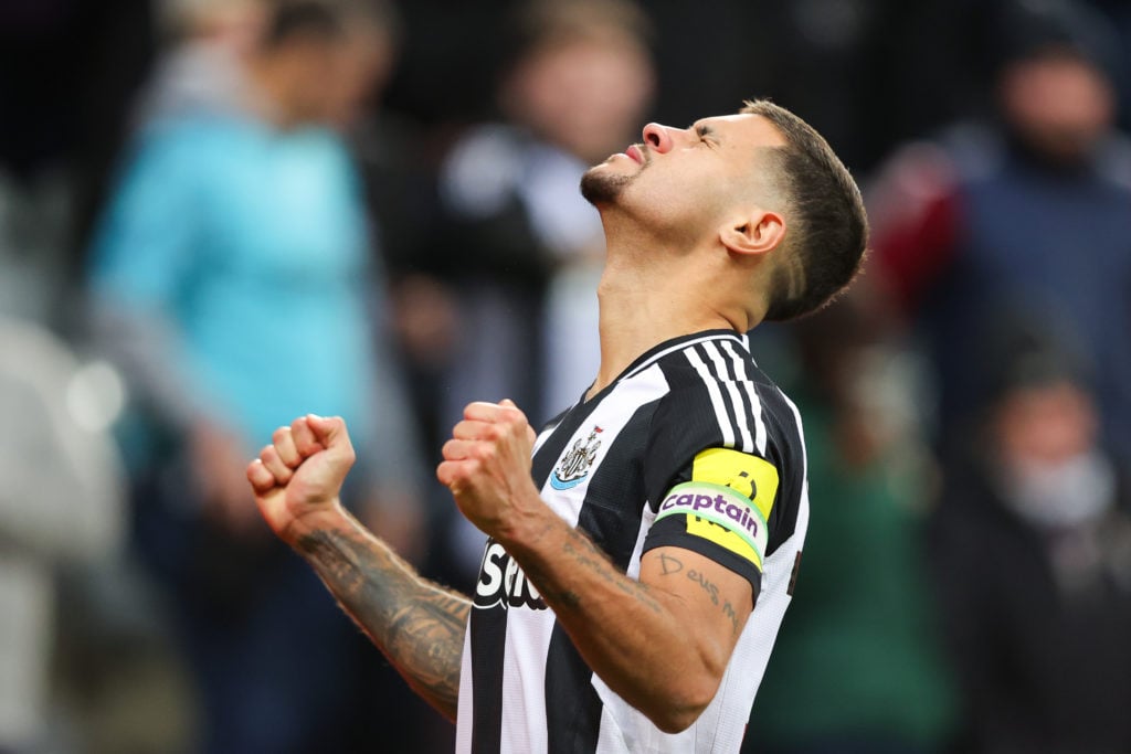 Bruno Guimaraes of Newcastle United celebrates after scoring their side's second goal during the Premier League match between Newcastle United FC a...