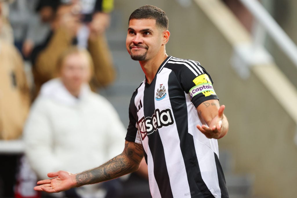 Bruno Guimaraes of Newcastle United celebrates after scoring their side's second goal during the Premier League match between Newcastle United FC a...