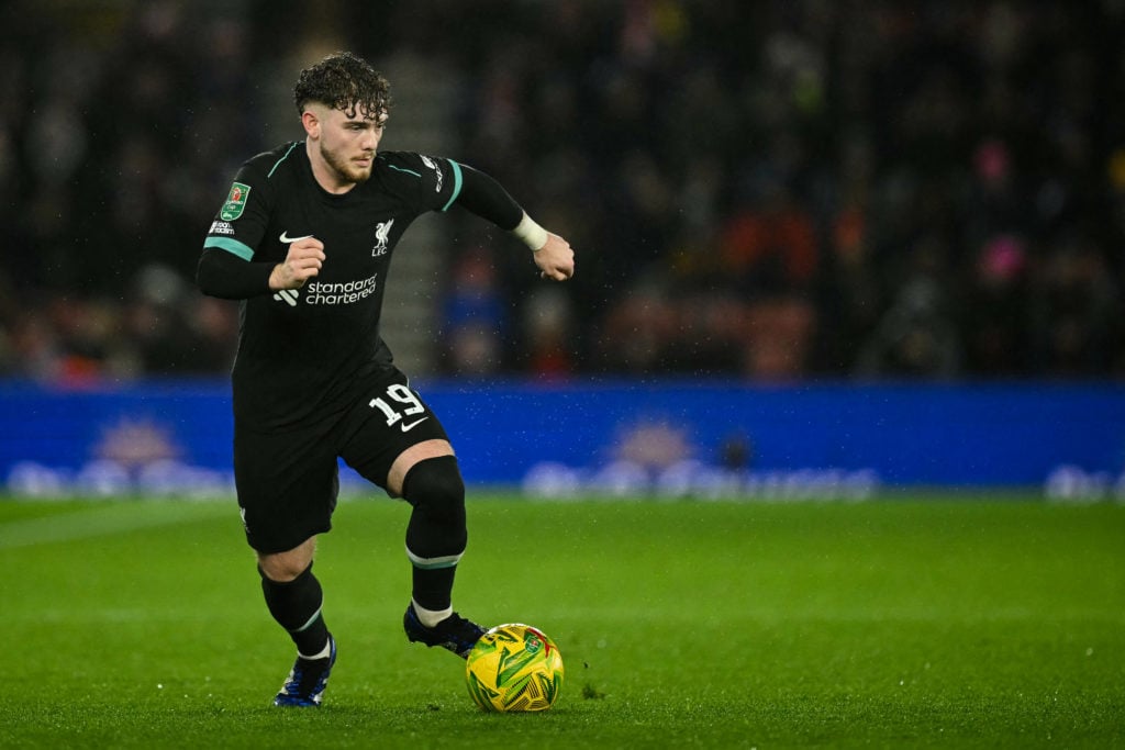 Liverpool's English midfielder #19 Harvey Elliott controls the ball during the English League Cup quarter-final football match between Southampton ...