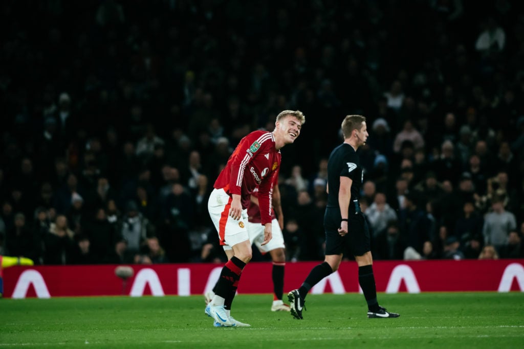 Rasmus Hojlund of Manchester United reacts during the Carabao Cup Quarter Final match between Tottenham Hotspur and Manchester United at Tottenham ...