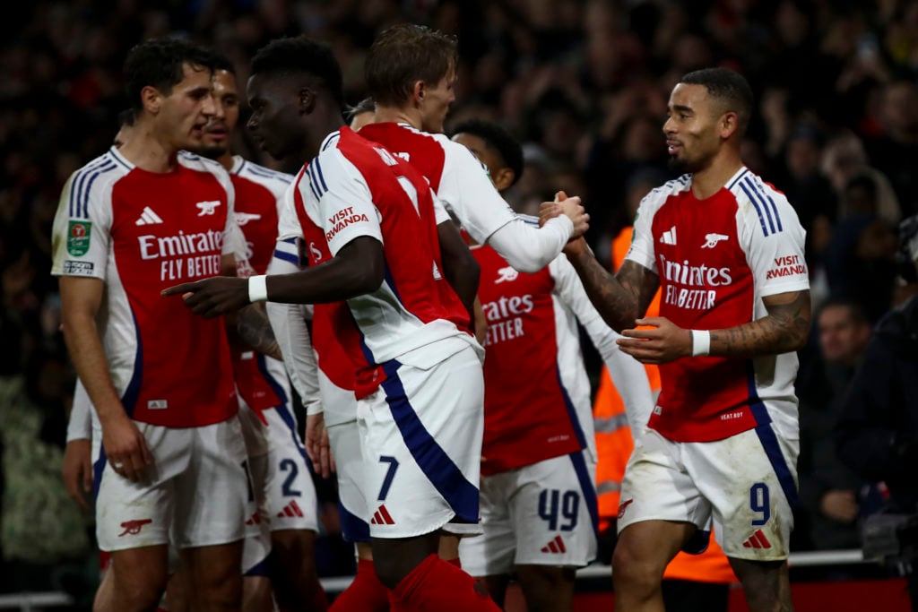 Gabriel Jesus of Arsenal celebrates his second goal during the Carabao Cup Quarter Final match between Arsenal and Crystal Palace at the Emirates S...