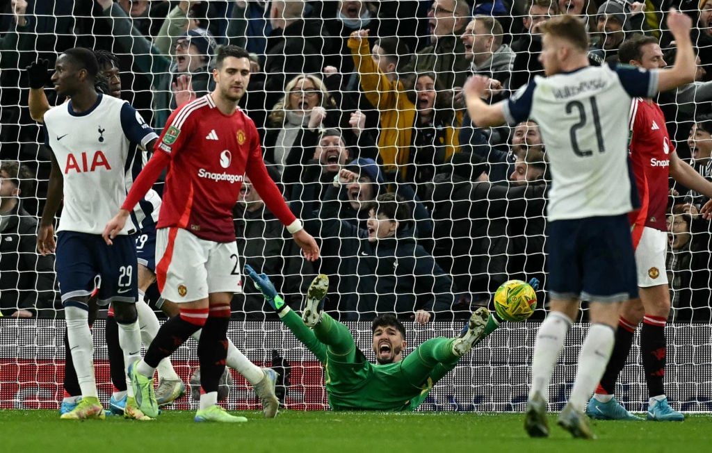 Manchester United's Turkish goalkeeper #01 Altay Bayindir reacts after conceding a fourth goal, by Tottenham Hotspur's South Korean striker #07 Son...