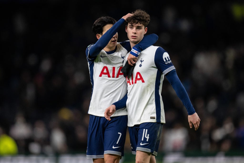 Son Heung-min and Archie Gray of Tottenham Hotspur FC reacts during the Carabao Cup Quarter Final match between Tottenham Hotspur and Manchester Un...