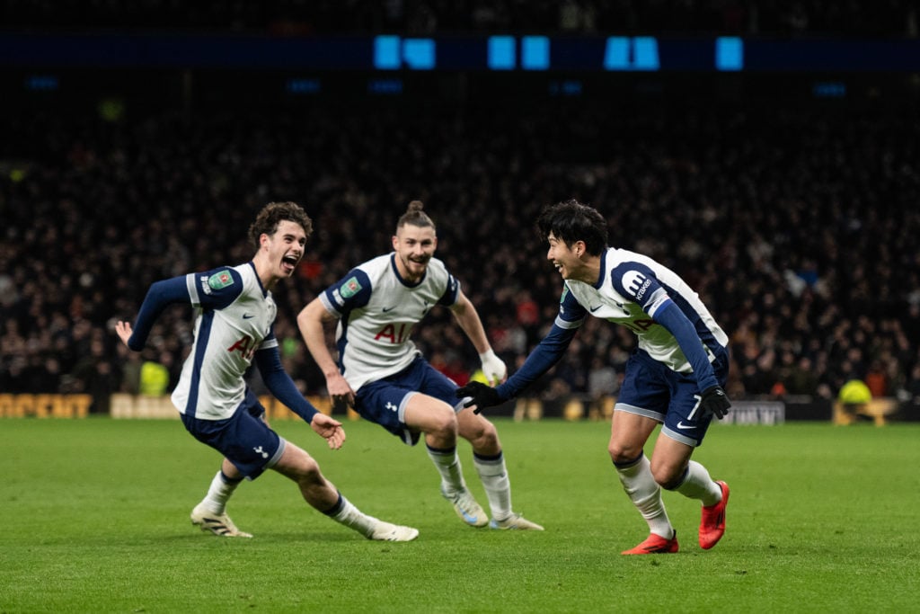 Son Heung-min of Tottenham Hotspur FC celebrate with Archie Gray after scoring goal during the Carabao Cup Quarter Final match between Tottenham Ho...