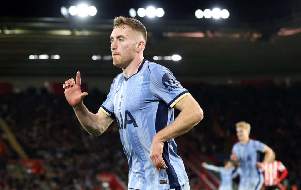 Dejan Kulusevski of Tottenham Hotspur celebrates scoring his team's third goal during the Premier League match between Southampton FC and Tottenham...