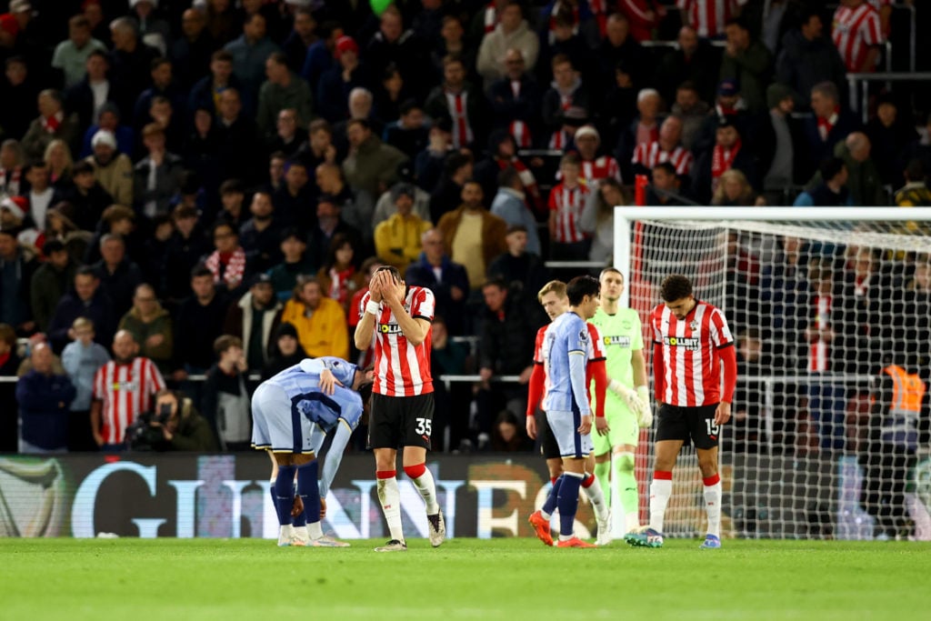 Jan Bednarek of Southampton looks dejected during the Premier League match between Southampton FC and Tottenham Hotspur FC at St Mary's Stadium on ...