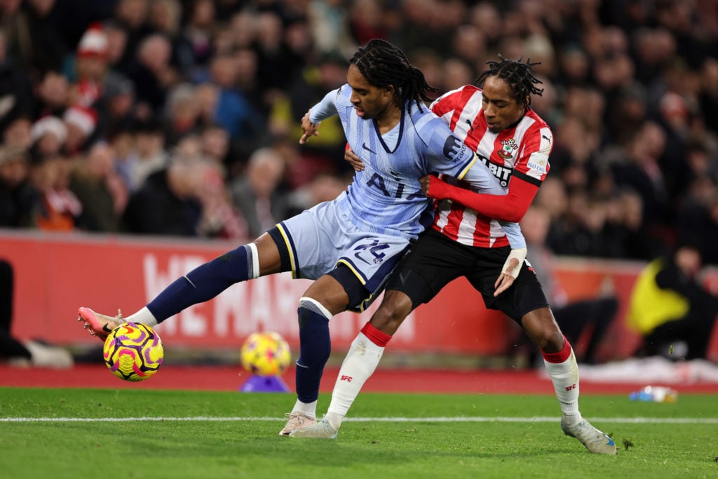 Djed Spence of Tottenham Hotspur and Kyle Walker-Peters of Southampton  during the Premier League match between Southampton FC and Tottenham Hotspu...